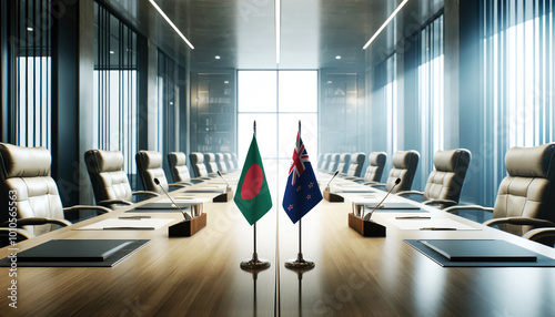 A modern conference room with Bangladesh and New Zealand flags on a long table, symbolizing a bilateral meeting or diplomatic discussions between the two nations.