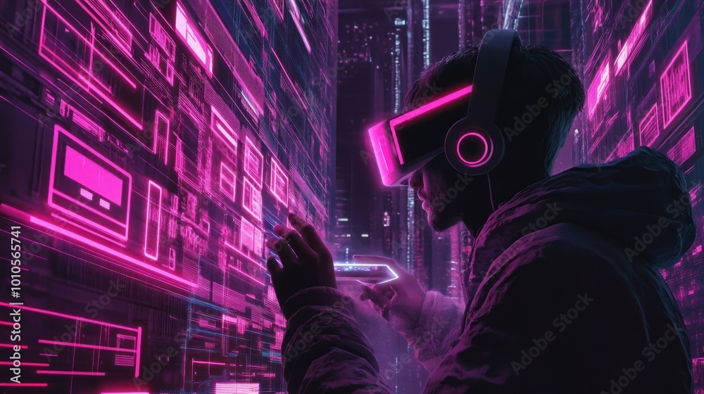 Fotografie VR user exploring virtual city with neon pink hue.