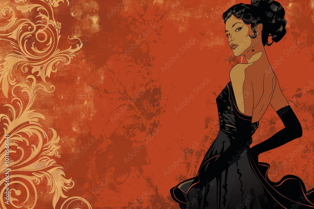 Fototapeta premium A woman in a black dress is standing in front of a red background