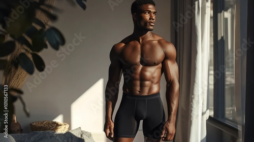 Muscular model in briefs gazing out window light