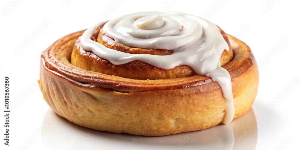 Forced perspective cinnamon roll with cream on white background Forced perspective cinnamon roll with cream on white background
