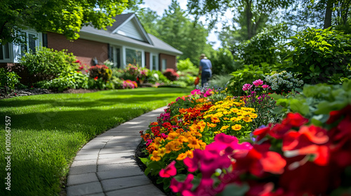 Colorful Flower Bed with Brick Pathway