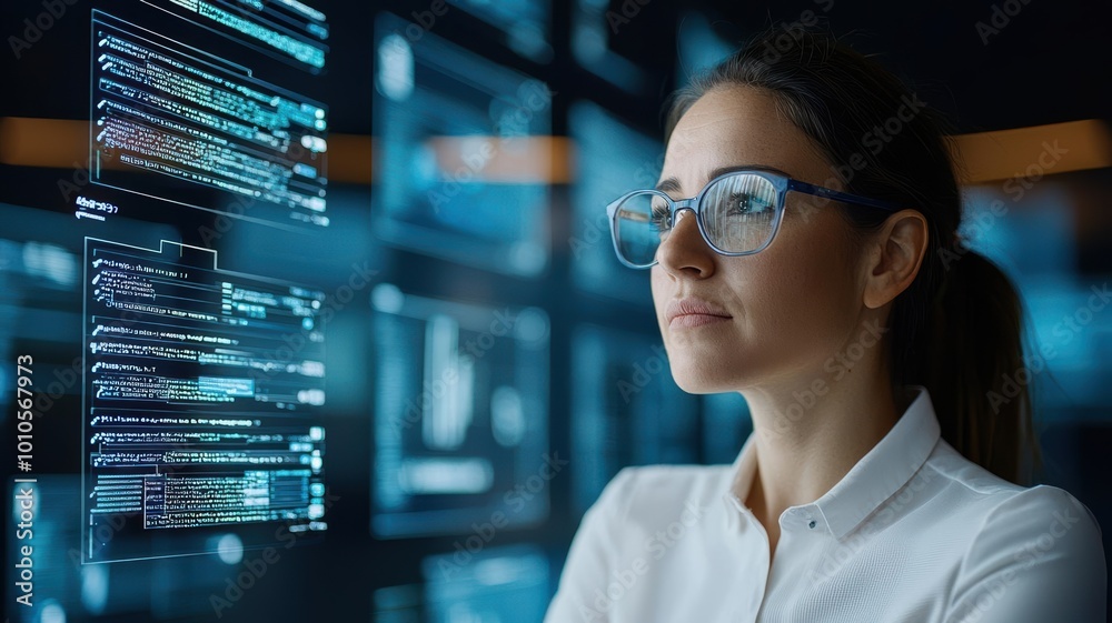 Businesswoman surrounded by floating screens of marketing plans built on content pillars, content strategy, idea execution