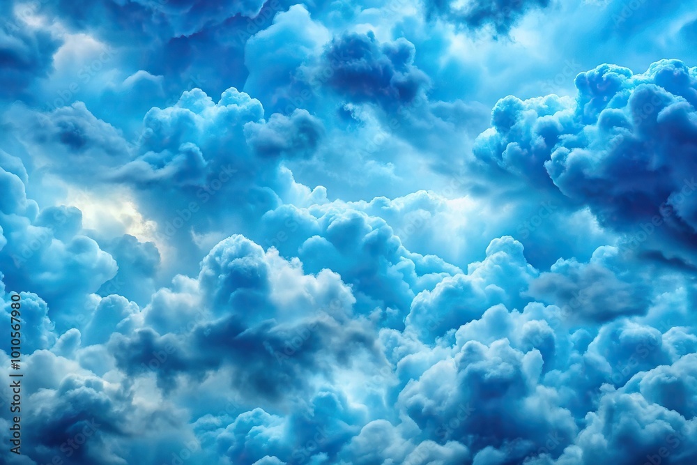 Poster, Print Forced perspective cloudy pattern texture with solid blue  clouds in the sky, 40x26.7 cm