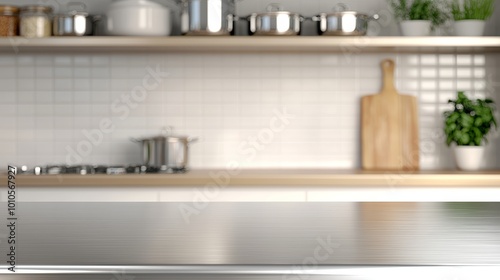 Stainless steel countertop in a modern industrial kitchen, blurred shelves and cookware in the background, professional culinary environment