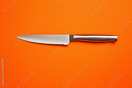 Stainless steel kitchen knife on a bright orange background, sharp blade contrasting with bold colors, minimalist composition photo