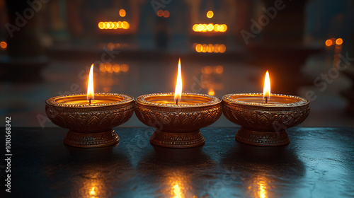 Three intricately designed brass oil lamps, glowing softly with flickering flames, arranged in a dimly lit room. Suitable for Diwali celebration.