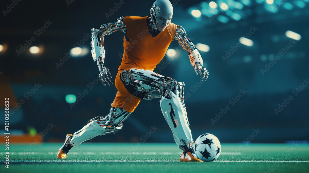 Cyborg soccer player on field in intense match moment Cyborg soccer player on field in intense match moment