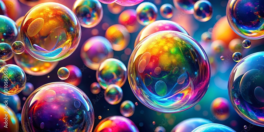 A symphony of iridescent spheres, each capturing a cosmic nebula, floats through a vibrant abstract space. A symphony of iridescent spheres, each capturing a cosmic nebula, floats through a vibrant abstract space.