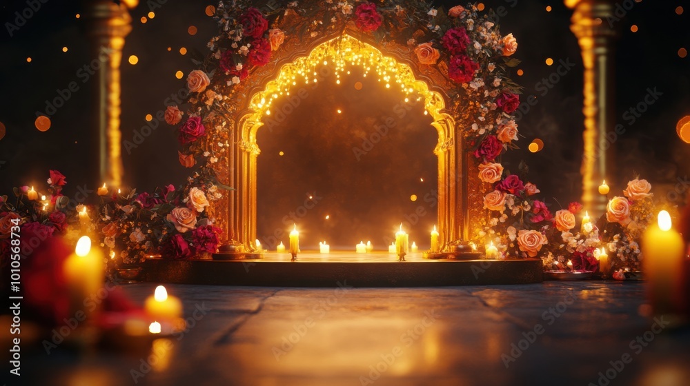 Elegant Diwali podium with a golden archway and floral decorations with candles.