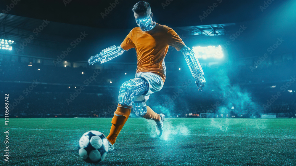 Naklejka premium Cybernetic athlete elegantly chasing soccer ball