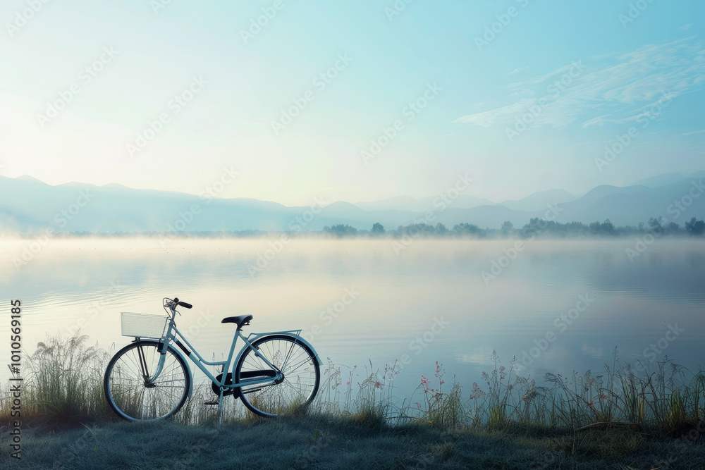 Fototapeta premium A bicycle is parked by a lake, with the water reflecting the sky