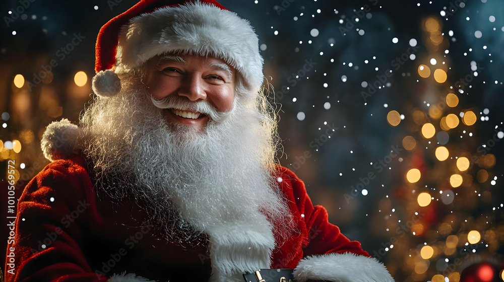 Smiling Santa Claus with White Beard in Snowy Winter Smiling Santa Claus with White Beard in Snowy Winter