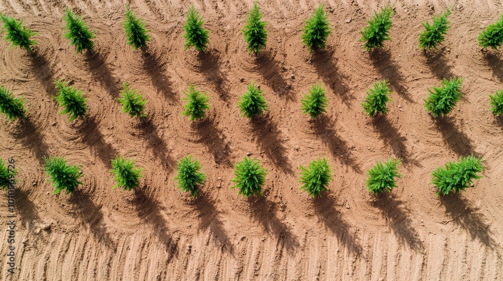 Aerial view of volunteers replanting trees in a barren area, with rows of small saplings spread across the landscape Aerial view of volunteers replanting trees in a barren area, with rows of small saplings spread across the landscape