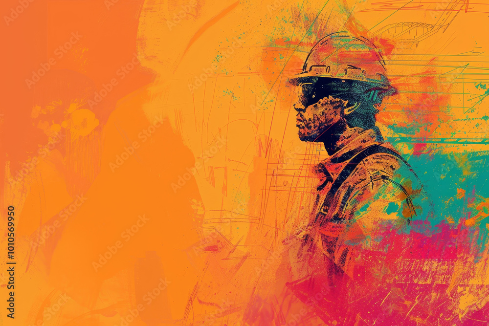 Fototapeta premium A man in a hard hat is standing in front of a yellow background