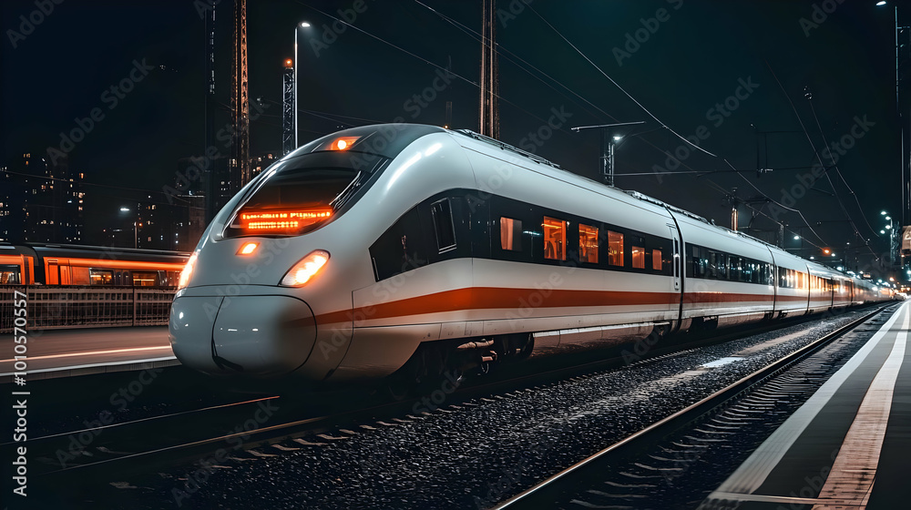 Fototapeta premium High-Speed Train Arriving at Night Station