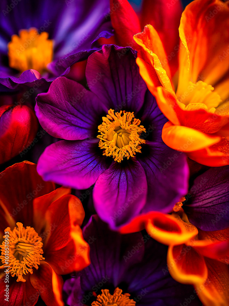 A close-up of various blooming flowers in vibrant, contrasting colors like deep purples, bright reds, oranges, and soft yellows, with intricate petal details and soft gradients A close-up of various blooming flowers in vibrant, contrasting colors like deep purples, bright reds, oranges, and soft yellows, with intricate petal details and soft gradients