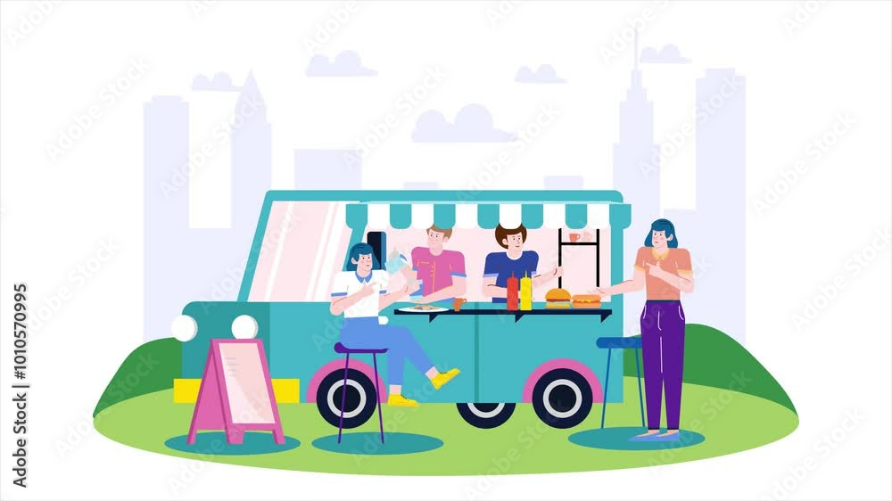 a food truck in a city park with people enjoying snacks and drinks illustration animated video a food truck in a city park with people enjoying snacks and drinks illustration animated video