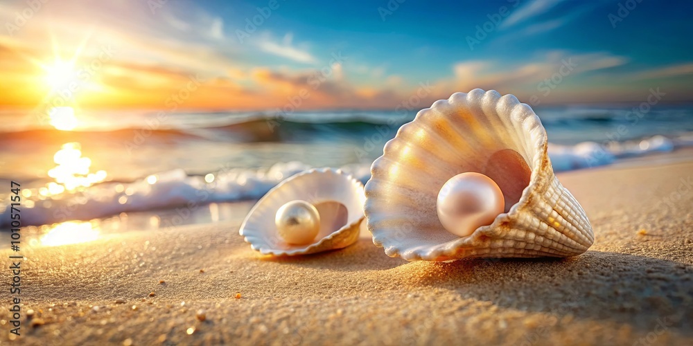 Golden Hour Treasures A Pair of Pearls Nestled in Seashells on a Sandy Beach, Bathed in the Warm Glow of the Setting Sun Golden Hour Treasures A Pair of Pearls Nestled in Seashells on a Sandy Beach, Bathed in the Warm Glow of the Setting Sun