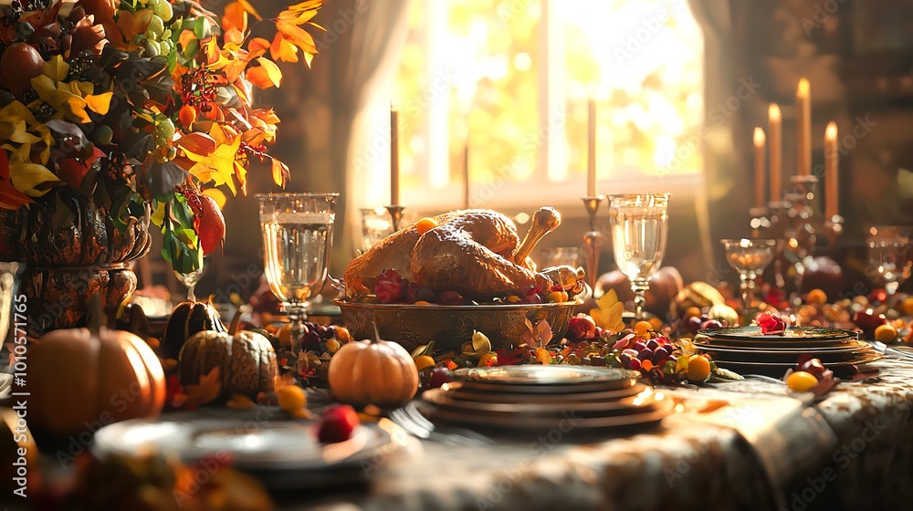 Roasted Thanksgiving turkey on a serving platter, with colorful autumn-themed decorations Roasted Thanksgiving turkey on a serving platter, with colorful autumn-themed decorations