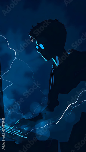 Young Boy Working on Computer in Dark Blue Silhouette Scene
