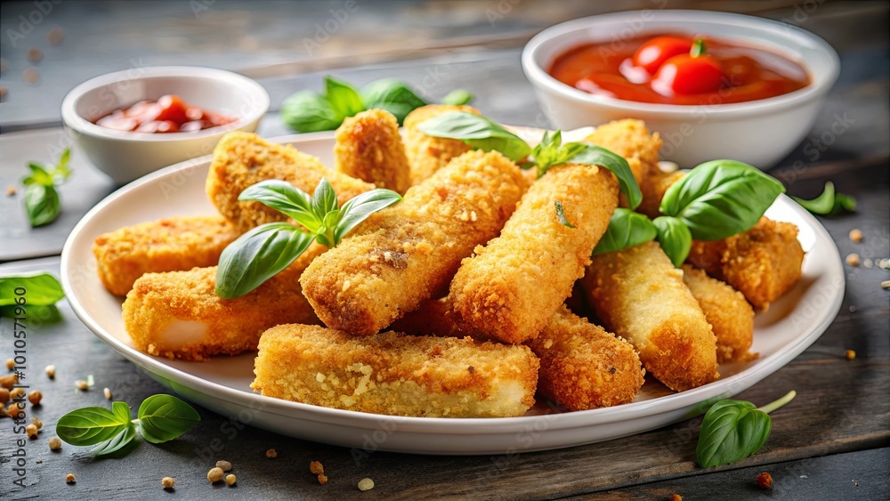 Golden breaded bites, a savory delight, served on a white plate with fresh green basil and a side of red sauce. Golden breaded bites, a savory delight, served on a white plate with fresh green basil and a side of red sauce.