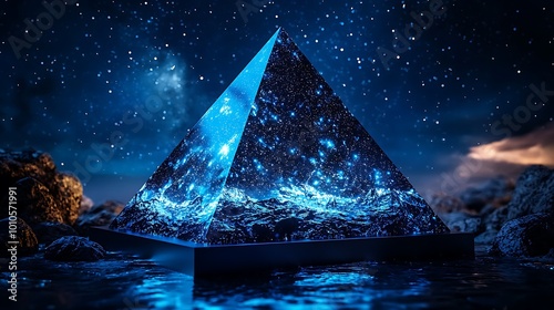 Blue Glass Pyramid with Starry Sky Reflection Night Landscape