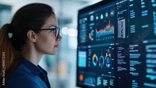 Businesswoman surrounded by floating screens of marketing plans built on content pillars, content strategy, idea execution