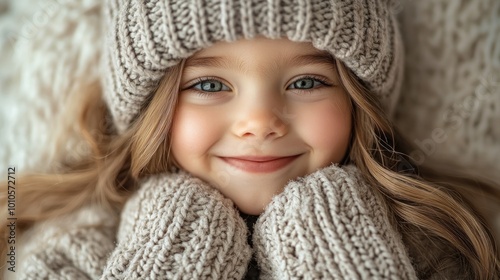 A cheerful girl in cozy knitwear, smiling warmly at the camera.