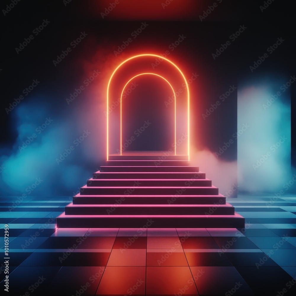 Neon Archway Leading to Stairs with Smoke and Checkered Floor. Neon Archway Leading to Stairs with Smoke and Checkered Floor.