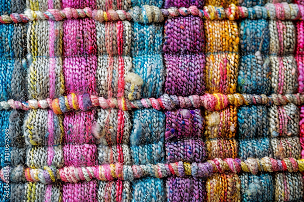 A colorful knit fabric with a variety of colors and textures A colorful knit fabric with a variety of colors and textures