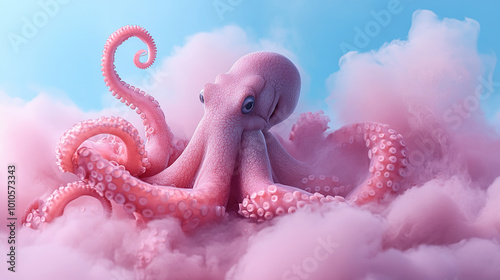 An octopus crawling in cotton clouds photo