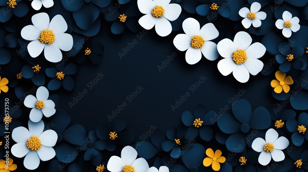 White and Yellow Paper Flowers on Dark Blue Background. White and Yellow Paper Flowers on Dark Blue Background.