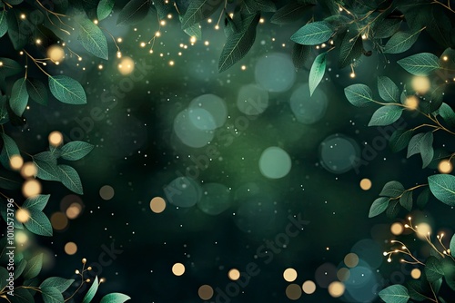 Emerald greenery forest foliage vector background. Green garden trees wedding invitation. Summer leaves card texture. Bokeh lights art.Rustic style save the date.with generative ai