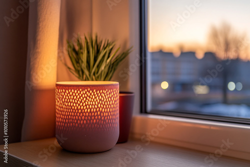 Cozy candlelit atmosphere by the window with sunset view and indoor plants photo