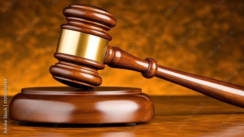 Close-up of a gavel on a wooden desk, symbolizing authority and importance of election rules, with copy space for text or design.