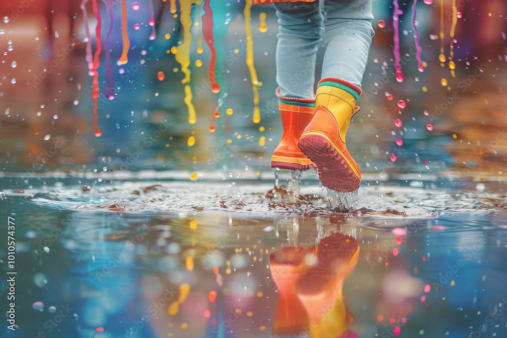 A person is walking in the rain with colorful water splashing around them A person is walking in the rain with colorful water splashing around them