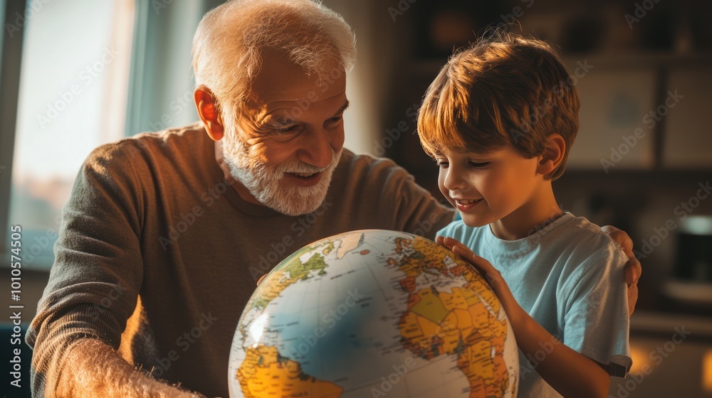 Senior man and kid watching globe, elderly grandfather helping grandson with homework. Grandpa is teaching grandson, study, education, support, AI generative image Senior man and kid watching globe, elderly grandfather helping grandson with homework. Grandpa is teaching grandson, study, education, support, AI generative image