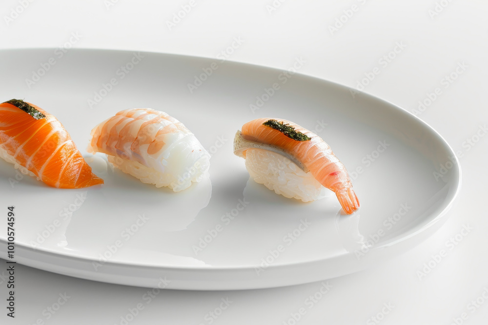 Three sushi rolls are on a white plate Three sushi rolls are on a white plate