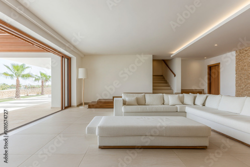 Modern white living room with minimalistic decor and open views in a sunny setting