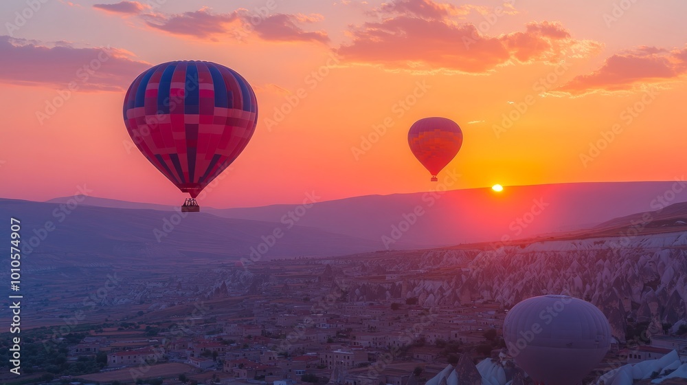 Two hot air balloons fly over a scenic landscape at sunrise, creating a vibrant and colorful scene. Two hot air balloons fly over a scenic landscape at sunrise, creating a vibrant and colorful scene.