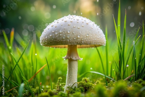 Close-Up of White Podaxis Pistillaris Mushroom in Grass During Rain Season – Unique Fungi Photography for Nature Lovers photo