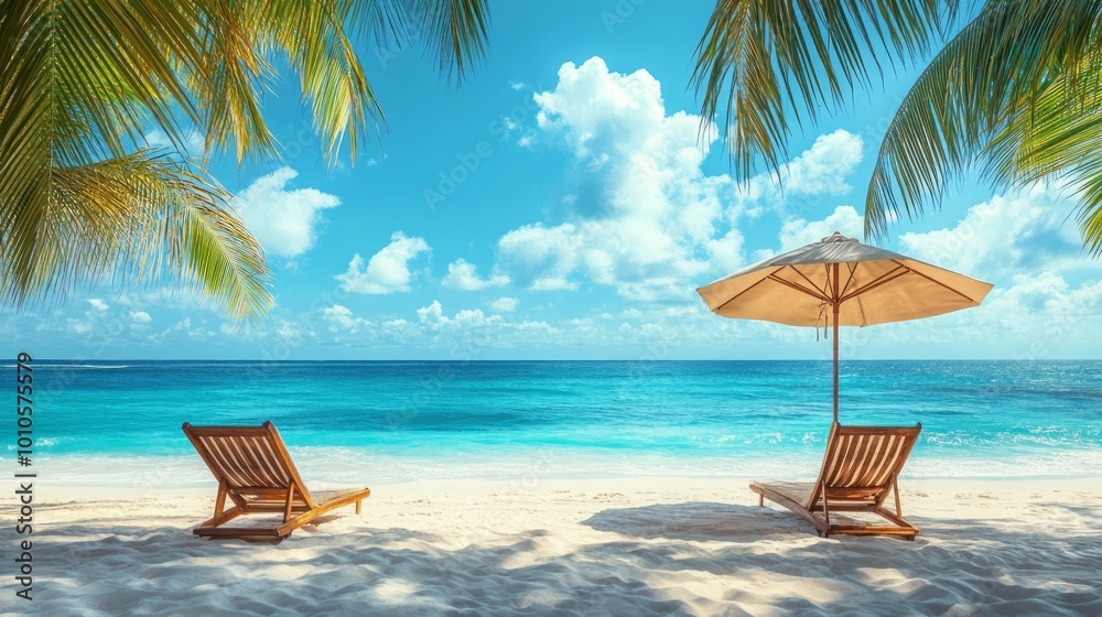 Obraz premium Two lounge chairs on a white sandy beach under a palm tree with an umbrella on a sunny day.