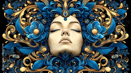 Golden Floral Frame with Woman s Face and Blue Flowers