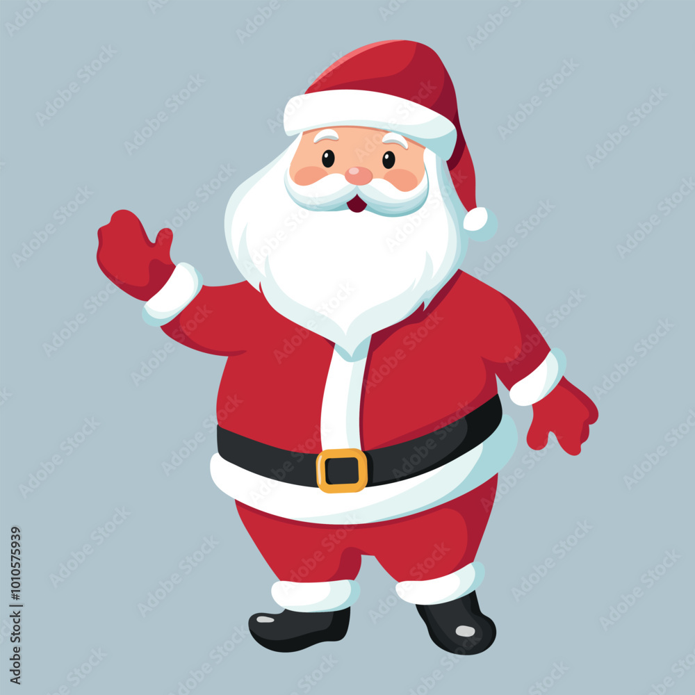 Christmas Cute, happy Santa Claus with a raised right hand and greeting isolated on blue background. Merry Christmas and happy new year greeting poster. Vector illustration Christmas Cute, happy Santa Claus with a raised right hand and greeting isolated on blue background. Merry Christmas and happy new year greeting poster. Vector illustration