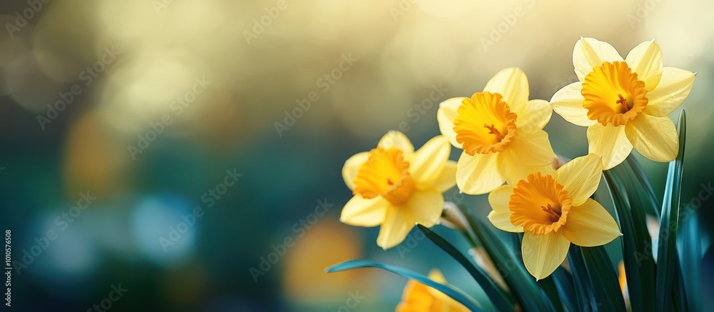 Yellow daffodils blooming in a sunny field. Yellow daffodils blooming in a sunny field.