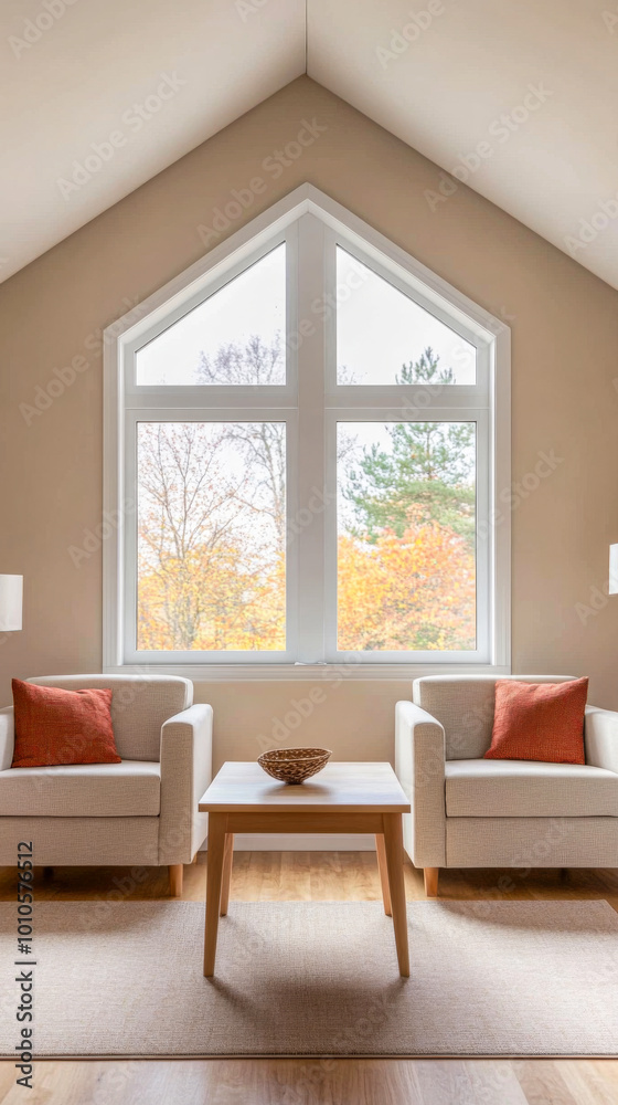 Fototapeta premium Cozy living room with light-colored chairs and a stunning view of autumn trees