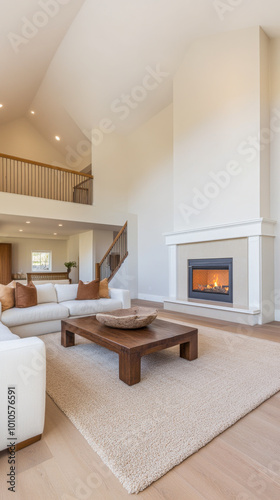 Modern living room with cozy fireplace and spacious design in bright  natural light