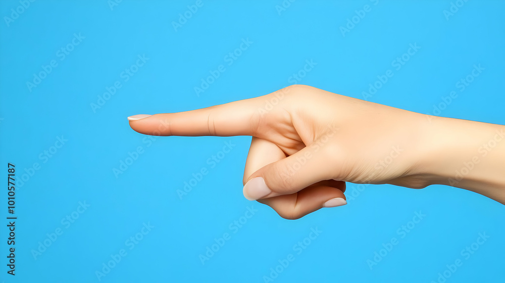 Female hand pointing to the right on a blue background Female hand pointing to the right on a blue background