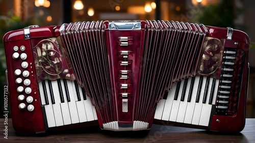 Red Accordion with White Keys and Black Keys, Music Instrument, Close-Up Photo